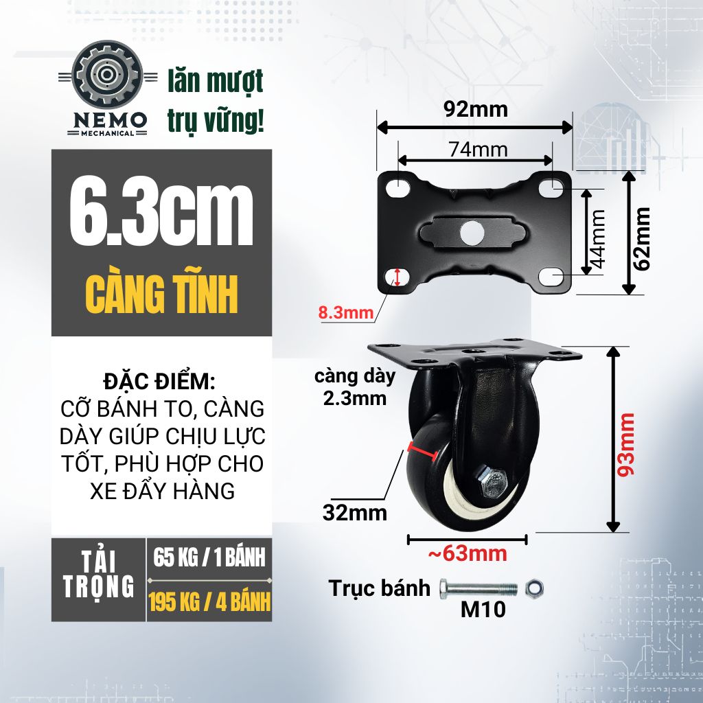 Bánh Xe Đẩy Hàng Đen Trắng – Chịu Tải Tốt, Khung Thép Sơn Tĩnh Điện